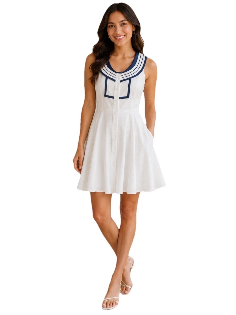 Ark & Co Sailor Dress White Blue Accents Lined Open Back M Summer Lake Nautical